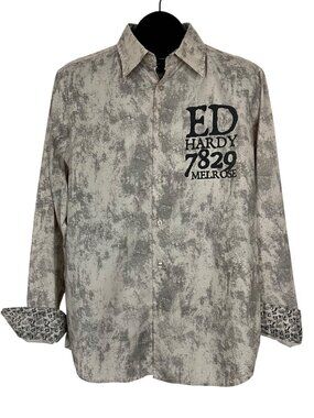 Ed Hardy Graphic Button Front Shirt M Gray Long Sleeve Studded